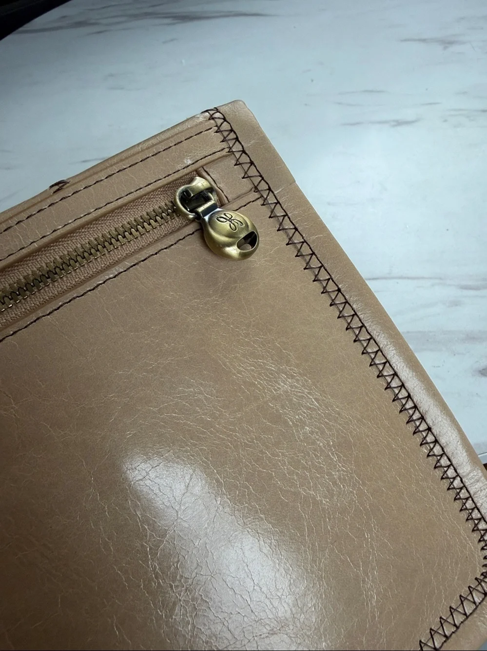 HOBO Beige Leather Stitch-Detail Fold-Over Clutch